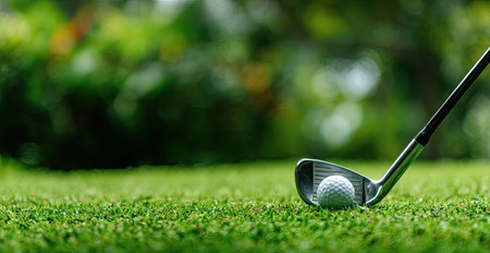 A golf ball sits ready on the green, positioned beneath the club head. The close-up reveals a textured surface and natural lighting. Vibrant green hues dominate the composition, contrasting with the white ball. It may be suitable for illustrating sports, leisure, or outdoor activity themes in various publications.の素材