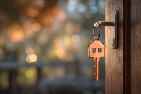 A close-up showcases a house key, shaped like a miniature home, hanging from a door handle. Warm lighting enhances the key's metallic surface. The composition suggests an open door, with a softly blurred background featuring natural tones. This image could be used for real estate, property, or home ownership concepts.の素材