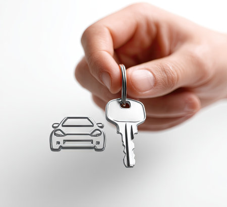 A hand gently presents a car key and car icon against a seamless white backdrop. The scene exhibits a bright, overhead lighting, highlighting the metallic sheen of the key. This studio shot is suitable for advertising, promotional materials, or visual content related to automotive themes and purchase.の素材