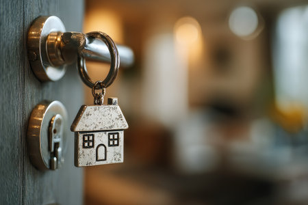 A metallic house key hangs on a door handle. The key features a small house pendant. The image showcases a close-up view with soft lighting, a shallow depth of field, and a focus on the key. Suitable for illustrating real estate, home sales, or property concepts in various commercial contexts.の素材
