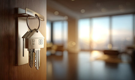 An open door reveals a house key hanging, featuring a house-shaped keychain. The key is positioned against a modern apartment interior with large windows, warm lighting, and soft focus. The composition offers copy space and is suitable for real estate and homeownership concepts.の素材