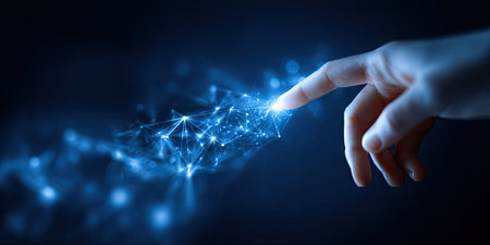 A human hand extends to touch a bright network of glowing particles, illustrating a connection. The image showcases a futuristic, technological concept, emphasizing digital interaction. The dark background enhances the contrast of the luminous design. This image is suitable for commercial uses related to innovation, communication and data.の素材