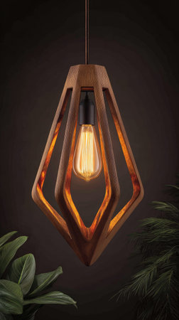 A modern, geometric wooden pendant light fixture hangs suspended in a dark setting. The fixture houses a vintage style light bulb, radiating a warm glow. The design emphasizes natural wood tones and a clean, symmetrical form. This image is suitable for interior design and product illustration.の素材