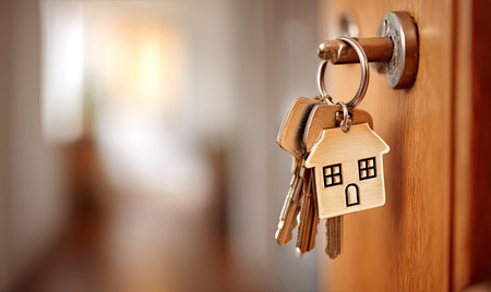 A close-up shot showcases a set of keys hanging in a wooden door lock, featuring a house-shaped keychain. The composition uses shallow depth of field, with warm lighting. The keys suggest themes of property, homeownership, and security, suitable for various commercial and editorial applications.の素材