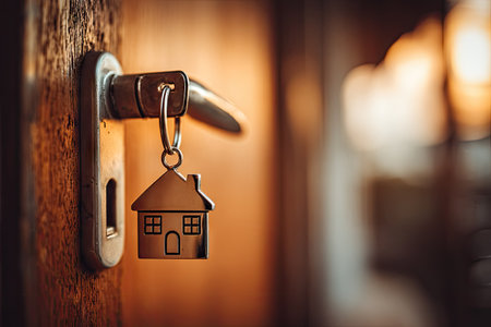 A key with a house-shaped charm hangs from a doorknob, suggesting real estate or home ownership. The image uses warm lighting and a shallow depth of field to create an inviting atmosphere. The composition focuses on the key, door, and handle, evoking themes of security and access suitable for editorial and commercial applications.の素材