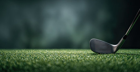 A golf club rests on green grass, with a blurred, dark green background adding depth. The image features a low-angle perspective, emphasizing the texture of the grass. It is well-lit, suggesting daytime or studio lighting, ideal for sports-related marketing or editorial content.の素材