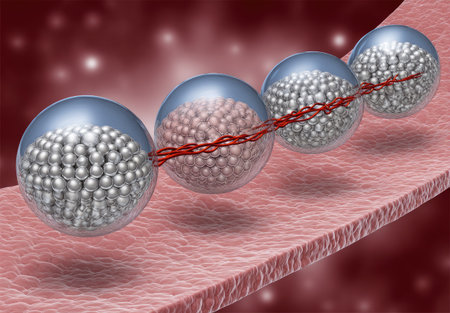 This illustration depicts a series of transparent spheres connected by a red structure, set against a textured background. The spheres appear to contain smaller spherical elements. The overall composition uses gradient colors and lighting effects creating a sense of depth. It is suitable for scientific, medical, or conceptual applications.の素材