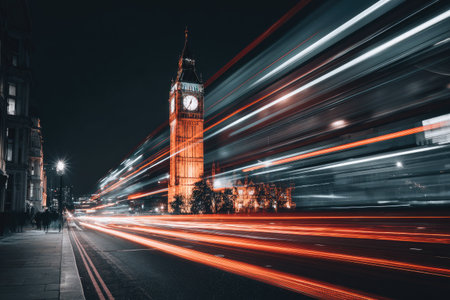 A night scene features a tall clock tower illuminated against a dark sky. Streaks of light from moving vehicles create a dynamic motion blur effect along the road. The composition and lighting suggest a metropolitan environment, suitable for various commercial projects. It can be used to represent city life.の素材