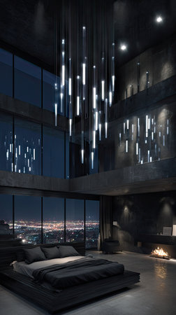 This image presents a modern bedroom interior featuring a dark color palette and dramatic lighting. The scene includes a bed, fireplace, and expansive windows that offer a view of a cityscape. The composition uses strong lines and contrasts. This photo can be used for various commercial and editorial purposes.の素材