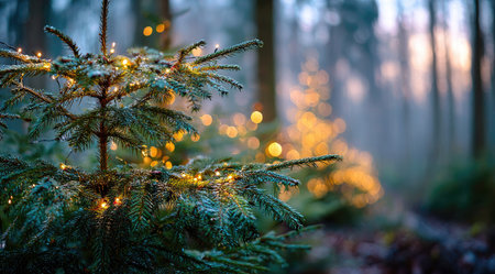 A small Christmas tree, adorned with lights, is the focus of this image. It's set in a forest environment. The scene exhibits a shallow depth of field. Warm light from the decorations contrasts with the cool tones of the surrounding woods. Ideal for seasonal themes or visual storytelling.の素材