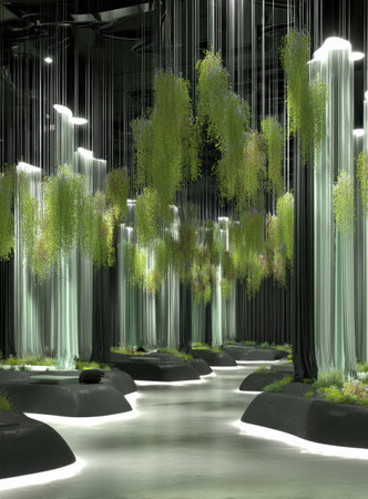 An interior installation presents a surreal forest environment, combining organic and manufactured elements. Greenery hangs from above, illuminated by vertical light columns. The composition employs a cool color palette, showcasing reflective surfaces, and linear elements. Ideal for artistic, conceptual projects and visual storytelling, the image offers commercial use.の素材