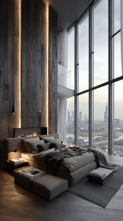 A modern bedroom showcases a large bed and a relaxing sitting area. The room features dark wooden walls illuminated by vertical lighting, and a expansive window offers a panoramic view of a distant cityscape. This image is suitable for commercial applications such as interior design and lifestyle publications.の素材