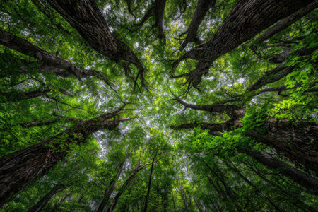 The image captures a perspective looking up through a dense forest canopy. The composition highlights the interplay of green foliage with the textured trunks and branches. Overhead sunlight filters through, creating a pattern of light and shadow. Suitable for environmental, nature-themed, or background applications.の素材
