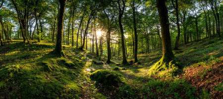 A vibrant forest interior showcases dense trees and a carpet of green moss. Sunlight filters through the foliage, creating a natural and vivid display. The style emphasizes the interplay of light and shadow. Suitable for illustrating natural environments, sustainability, or landscape themes in various applications.の素材