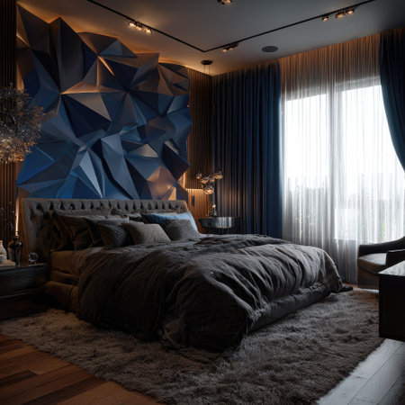 The bedroom presents a modern interior featuring a large bed, elegant curtains, and a geometrically patterned wall. The color palette includes shades of blue, gray, and brown. Natural light streams through a large window. The image can be used for architectural visualization, interior design projects, or lifestyle publications.の素材