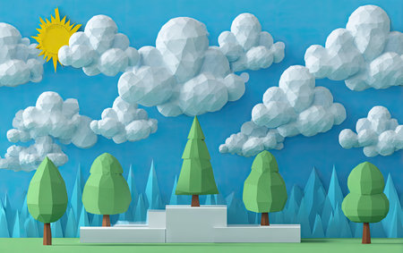This image presents a low poly illustration featuring stylized trees and clouds set against a bright blue backdrop. The composition includes a radiant sun, creating a cheerful atmosphere. This digitally rendered artwork could be used for various commercial and editorial purposes, such as website design or marketing materials.の素材