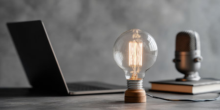 An illuminated lightbulb, microphone, and laptop sit on a desk. The composition includes a book with a dark background. These elements suggest a workspace, possibly for audio recording or content creation. The image could be used for various commercial purposes, such as illustrating articles on technology or education.の素材