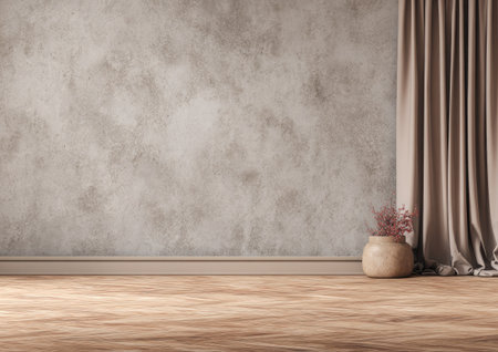 This image features a textured neutral wall, a wooden floor, and a draped curtain, alongside a decorative vase. The composition employs warm and earthy tones, including beige and brown hues. The minimalist style and ample copy space suggest its suitability for various design, decoration, and lifestyle applications.の素材