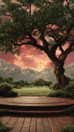 A large, mature tree dominates the foreground, set against a backdrop of mountains and a colorful sunset. The scene features a wooden platform and lush greenery. The artwork uses warm colors and detailed textures, suggesting a serene outdoor setting. This image may be suitable for various editorial and commercial applications.の素材