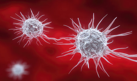 This image presents a detailed view of white blood cells, characterized by spiky protrusions, set against a deep red background. The composition highlights the cells' unique shapes and textures. The lighting suggests a close-up examination, potentially within a biological or medical setting. It may be suitable for scientific illustrations, educational materials, or health-related publications.の素材