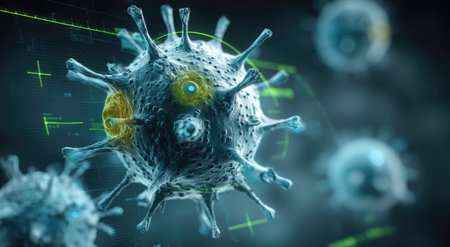 This image showcases a detailed illustration of a virus cell with a complex structure. The composition features vibrant colors, sharp focus, and a sense of depth. It likely represents a scientific or medical subject. Suitable for educational materials, scientific publications, or visual elements.の素材