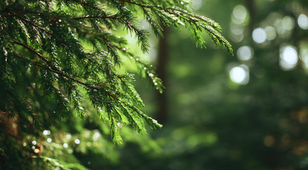 A closeup image presents vibrant green pine needles in focus, while a blurred forest serves as the backdrop. The composition uses natural light and soft focus to create a peaceful and serene atmosphere. This image can be utilized for various editorial and commercial purposes, including environmental and nature-related themes.の素材