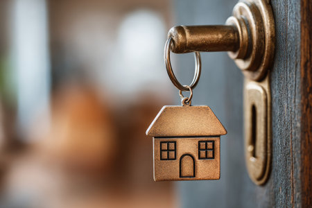 A close-up shows a key with a house-shaped tag inserted in a brass door lock. The image presents warm tones, a shallow depth of field, and soft lighting. It implies access and security. This photograph is suitable for illustrating concepts related to property, loans, and housing.の素材