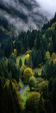 A high-angle shot showcases a dense forest, vibrant with shades of green and punctuated by a road winding through the trees. Atmospheric fog partially obscures the mountain peaks. The scene may be used in travel articles or environmental projects to highlight natural beauty.の素材