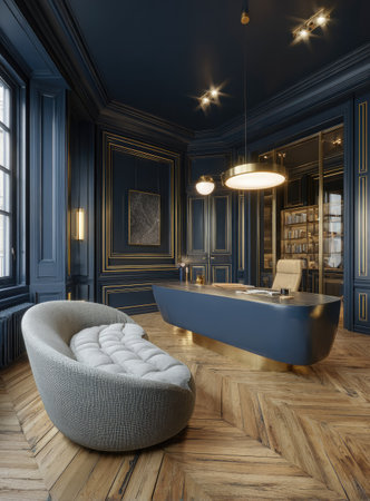A sophisticated home office showcases modern design. Featuring a curved desk, a tufted chair, and rich wood flooring. The space is bathed in a palette of deep blues and gold accents, enhanced by overhead lighting. Suitable for editorial use or creative projects.の素材