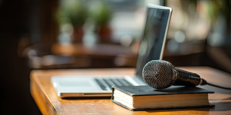 A microphone rests on top of a book situated on a wooden table. A laptop is positioned behind the book, suggesting recording or broadcasting. The scene features natural lighting, enhancing the objects' textures. This setup could be used for podcasting, interviews, or other audio-visual productions, suitable for editorial and commercial purposes.の素材