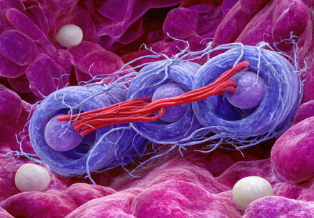 This image reveals a close-up of cellular structures, showcasing a variety of colors and textures. The composition highlights intricate details with a focus on the forms and arrangements. The lighting suggests an indoor environment, with potential uses in science, education, and medical publications.の素材
