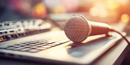 A close-up image displays a microphone resting on a laptop keyboard. The composition features warm colors and soft focus, suggesting indoor lighting. This visual may be used to represent audio recording, online communication, or technology-related topics. It can be useful for editorial and commercial purposes.の素材