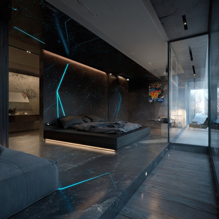 A modern bedroom showcases dark color palettes and ambient lighting. The room features a large bed, marble floors, and decorative neon lines. The lighting design creates a dramatic effect, enhancing the overall ambiance. This image could be used for architectural design, interior design projects, and lifestyle publications.の素材