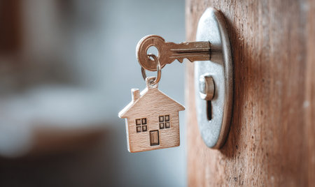 A key is inserted into a door lock, suggesting access and security. The key features a house-shaped charm. The composition highlights the metal elements against the wooden door. The scene is illuminated with soft lighting. This image could be suitable for commercial or editorial content related to real estate and property ownership.の素材