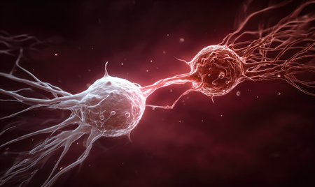 This image showcases two neuron cells in a detailed, close-up view. The cells, connected by delicate fibers, are rendered in shades of red and white, with a soft focus background. The composition emphasizes the intricate structure, ideal for medical and scientific applications. The visual style is clean, modern, and suitable for various commercial uses.の素材