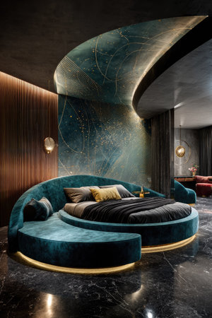 A modern bedroom features an eye-catching teal bed, bathed in ambient lighting. The composition highlights the bed's curved design against a backdrop of artistic wall decor. The room's textures include polished flooring, creating a sophisticated, contemporary interior space. This image is suitable for various uses, including interior design and lifestyle publications.の素材