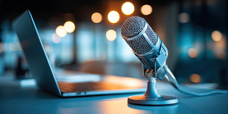 A microphone stands prominently in front of a laptop, creating a composition. The image uses a shallow depth of field. Warm bokeh lights create a blurred background. Suitable for representing podcasting, broadcasting, or online communication, the image has commercial applications.の素材
