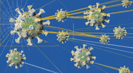 The image showcases a collection of virus particles with spiky surfaces against a bright blue backdrop. The composition features a network-like arrangement of particles with connected lines. This visual representation may be suitable for scientific publications, educational materials, or medical presentations. The overall style presents a clean and detailed aesthetic.の素材