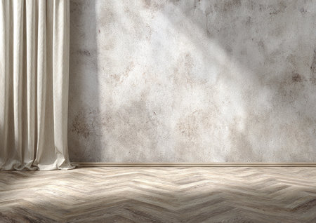An interior view showcases a textured wall, partially lit by sunlight, alongside a closed curtain. The composition features a wooden floor with a herringbone pattern. The scene, possibly in an indoor setting, evokes a sense of tranquility. Suitable for architectural, design, or background usage, this image is versatile for various editorial and commercial purposes.の素材