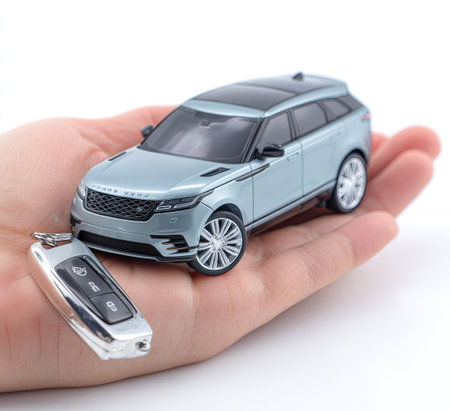 A small, detailed vehicle is placed inside an open hand, alongside a key. The composition features the car in a light blue color against a white background. The image conveys a sense of possession and could be used for concepts related to transportation, ownership, or advertising.の素材