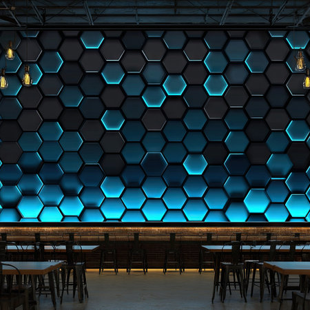 A decorative wall presents a repeating geometric pattern composed of dark and light hexagons. Each hexagon has illuminated blue sections creating visual interest. The composition features a gradient effect, suggesting a blend of artificial and natural light. Suitable for background designs, architectural visualization, or commercial uses.の素材