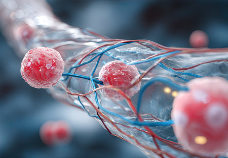 This medical illustration depicts red blood cells traveling through a network of blood vessels. The image showcases a macro perspective, highlighting the structures with a blue and red color palette. It's a potential visual aid for educational materials and scientific publications on human biology. The style is a blend of detailed and artistic representations.の素材