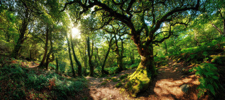 A vibrant forest scene features sunlight penetrating through dense tree foliage. The image showcases a natural composition with various shades of green and brown. The environment suggests an outdoor setting during daylight, potentially useful for projects related to nature, ecology, or environmental themes.の素材
