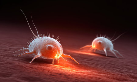 This image showcases a detailed view of microscopic cells against a red-toned background. The cells exhibit a white color with spiky textures and elongated appendages. The composition features soft lighting, enhancing the three-dimensional quality, which could be suitable for medical, scientific, or educational publications.の素材