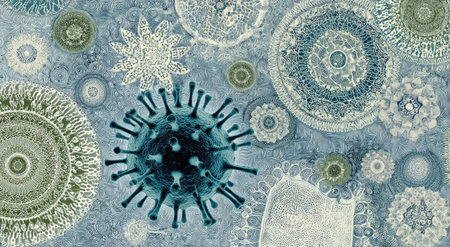 This image showcases a collection of microscopic biological forms, rendered with intricate detail and a cool color palette. The illustration presents various shapes and textures, possibly depicting different types of cells or organisms. Suitable for scientific publications, medical presentations, and educational materials, offering visual insights into biological structures.の素材