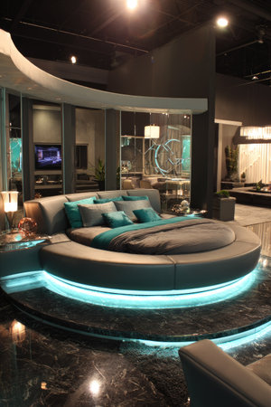 This image showcases a luxurious modern bedroom. The focal point is a round bed, illuminated with soft lighting. The design includes dark gray tones, teal accents, and reflective surfaces. The composition suggests an indoor setting with a focus on interior design, likely suitable for commercial and editorial purposes.の素材