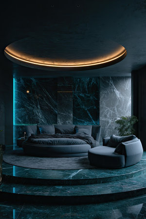 An indoor architectural visualization presents a modern bedroom. The composition features a circular bed and armchair, surrounded by dark walls. Overhead lighting and ambient teal accents enhance the luxurious atmosphere. This image is suitable for advertising, interior design, and other conceptual projects, offering a versatile backdrop.の素材