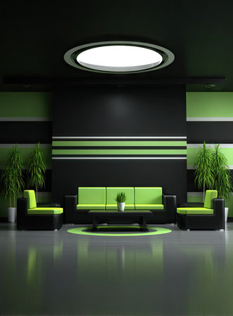 A contemporary interior showcases green sofas and armchairs set against a black wall and ceiling. The composition features linear elements and a circular light fixture, highlighted by a glossy floor. The overall design utilizes a minimalist style, suitable for various commercial and editorial projects.の素材