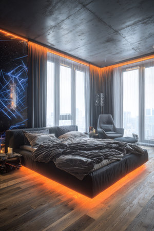 This image showcases a modern bedroom interior featuring a large bed with dark bedding. The room is illuminated by orange accent lighting along the bed and ceiling. Large windows allow natural light to enter. The image could be used for architectural, design, or lifestyle-related publications or advertising campaigns.の素材