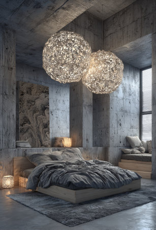 This image showcases a modern bedroom featuring distinctive lighting fixtures and contemporary design elements. The scene is characterized by concrete textures, soft lighting, and a muted color palette. The photograph could be used in a variety of commercial contexts, especially for interior design projects and lifestyle publications.の素材